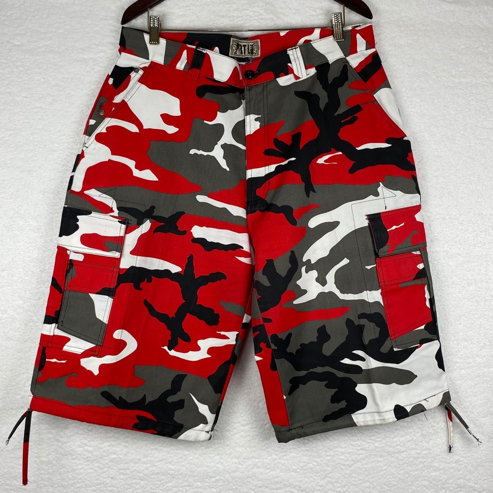 BTL Mens Red Camo Cargo Shorts Size 36 Red White Grey Black Camo Streetwear